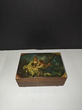 Vintage Wooden Musical Jewelry Box With Couple Courting Graphic Made In Japan